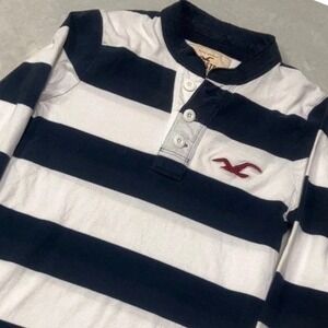 Y2K Hollister‎ Henley Striped Shirt Men's Small White Navy Blue Preppy Vintage